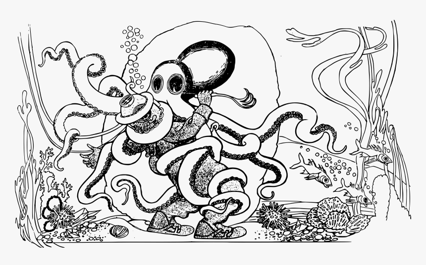 Diver Octopus Clip Arts - Drawing, HD Png Download