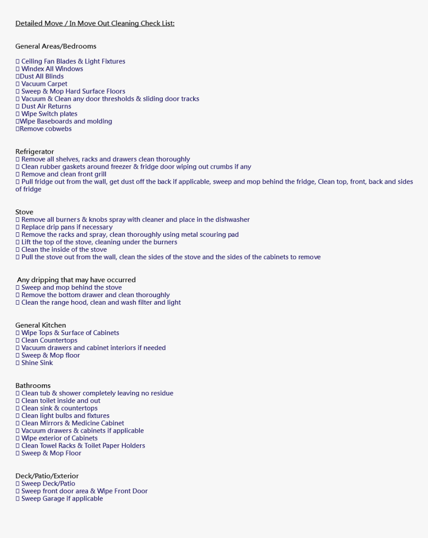 Detailed Move / In Move Out Cleaning Check List - Vacuum Cleaner, HD Png Download