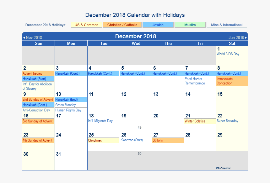 Free Download December 2018 Calendar With Holidays - Calendar 2018 Us Holiday December 2018, HD Png Download