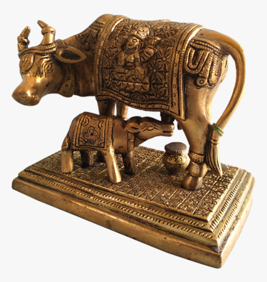 Golden Antique Cow And Calf Religious Brass Statue, - Working Animal, HD Png Download