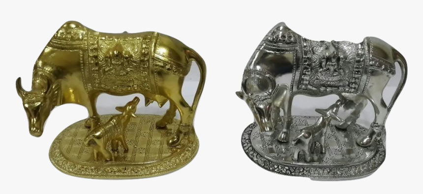 White Metal Kamadhenu Cow And Calf - Statue, HD Png Download