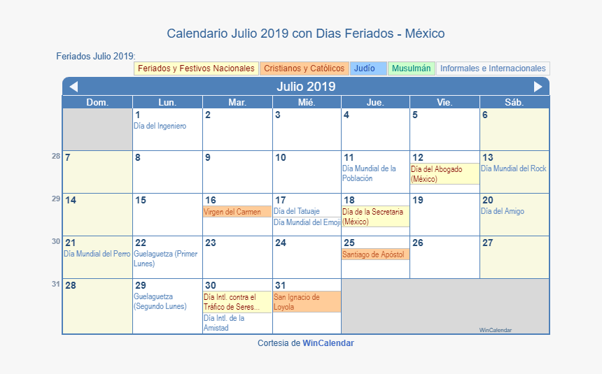 Calendario Méxicano Julio 2019 En Formato De Imagen - April 2020 Holidays, HD Png Download