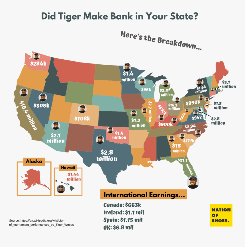 Us Map Shoes Tiger Woods Earnings, HD Png Download