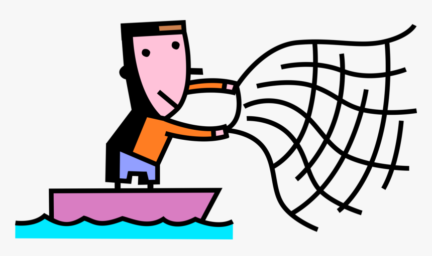Vector Illustration Of Sport Fisherman Angler Throws - Cartoon Fisherman With Net, HD Png Download