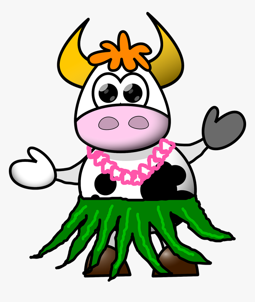 Cow, Cartoon, Skirt, Hula, Hawaiian Costume, Animal - Cartoon Cow, HD Png Download