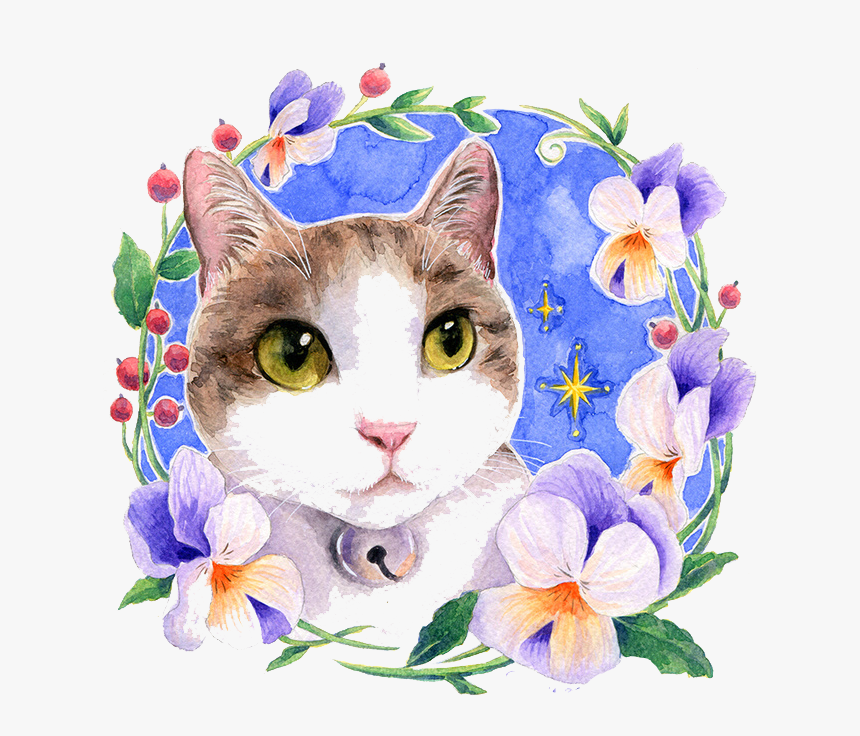 Clipart Free Library Watercolor Flowers Cat Watercolour - Watercolor Cat Flowers, HD Png Download
