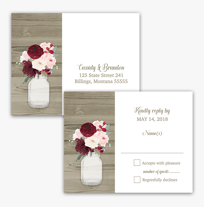 Rustic Mason Jar Burgundy Floral Wedding Rsvp Postcard - Garden Roses, HD Png Download
