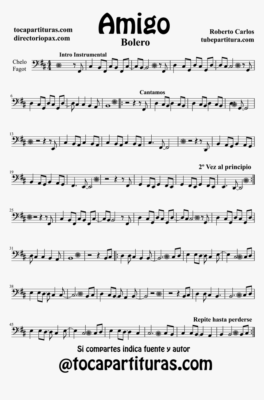 Sheet Music Cello And Bassoon Amigo Partitura De Chelo - Partituras De Roberto Carlos, HD Png Download