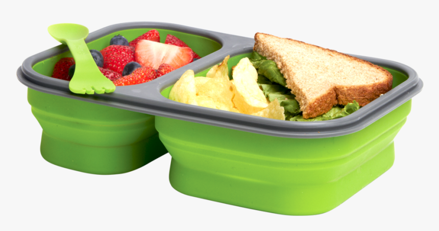 Green Collapsible Luchbox With Spork That Has Two Compartment - Collapsible Food Containers, HD Png Download