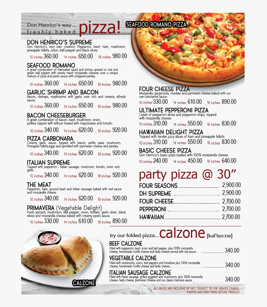 Pizza And Calzone - Don Henrico's Menu Price, HD Png Download