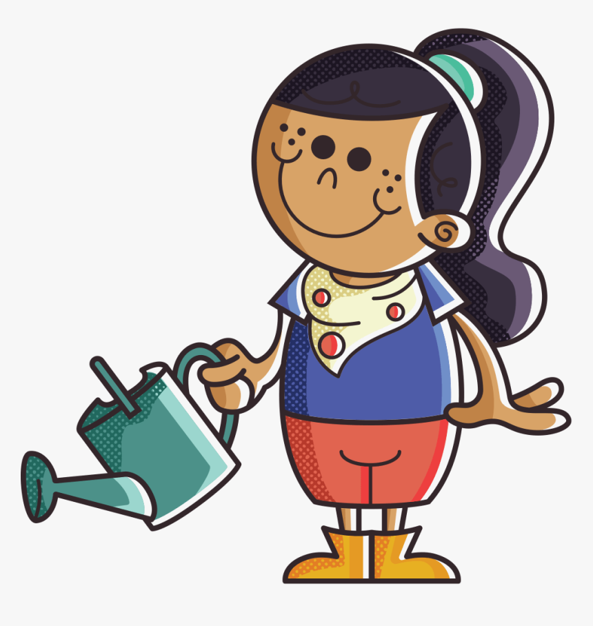 Farmer Girl With Watering Can - Girl Cartoon With Watering Can, HD Png Download
