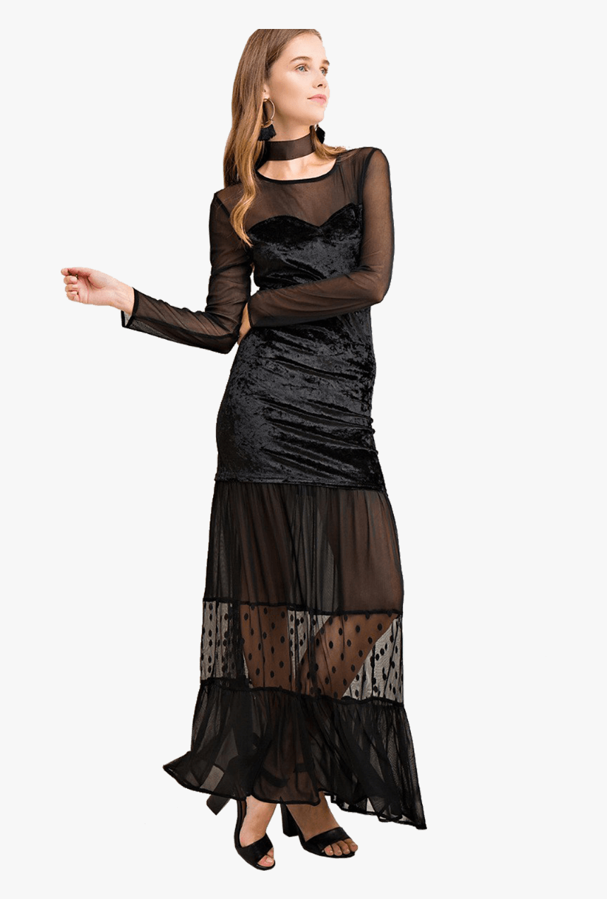 Women S Solid Mesh Maxi Dress W/velvet Body Detail - Photo Shoot, HD Png Download