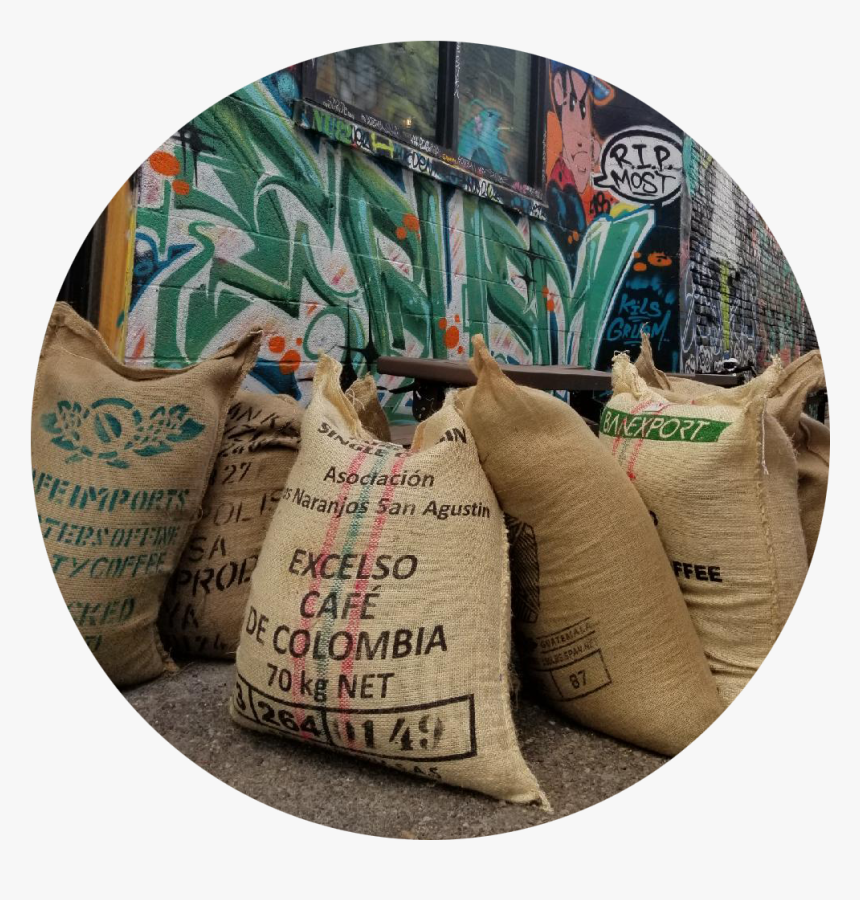 Image Of Large Burlap Sacks Of Coffee In Front Of A - Label, HD Png Download