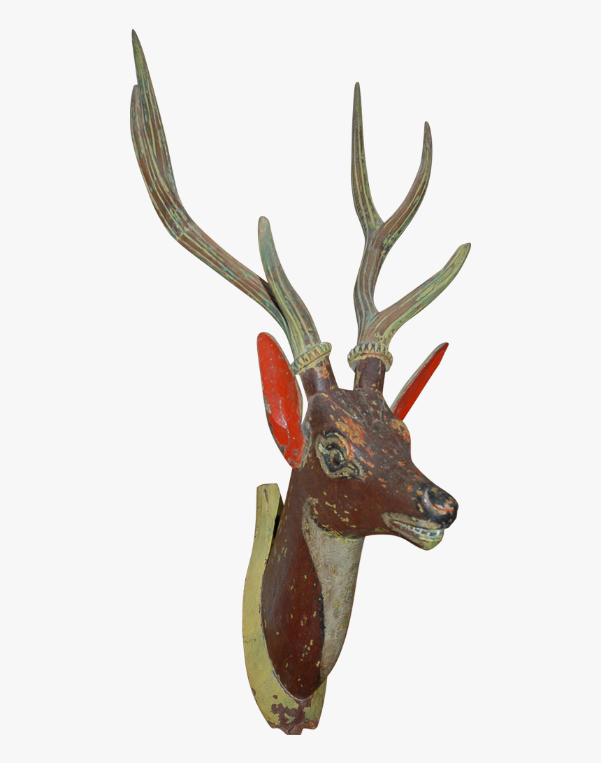 Early Fine Carved Wood Painted Deer Head Wall Plaque - Deer, HD Png Download