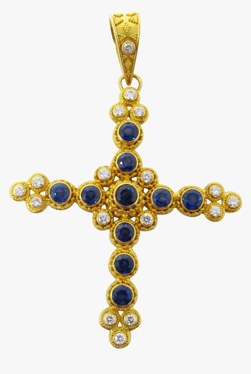 Large 22k Yellow Gold Sapphire And Diamond Cross Pendant - Pendant, HD Png Download