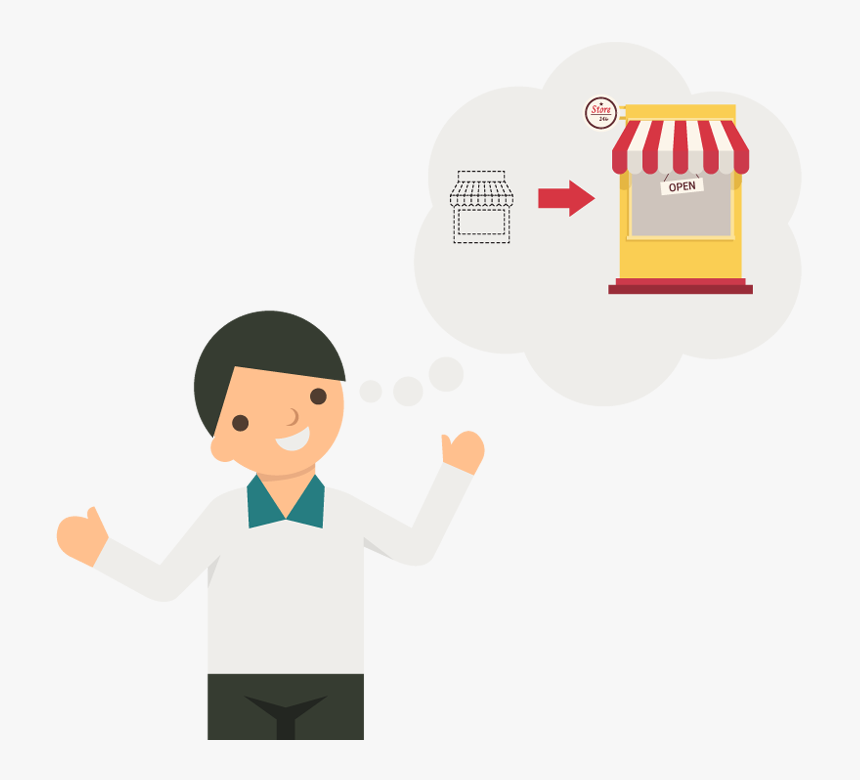 Cartoon Business Man Thinking Of Make A Big Store - Man In Store Png, Transparent Png