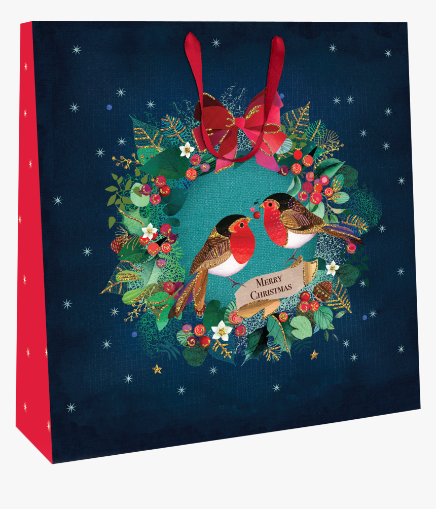 Large Robins In Wreath 35cm X 35cm Christmas Gift Bag - Greeting Card, HD Png Download