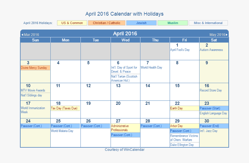 April 2016 Printable Calendar With Us Holidays Including - May 2018 Holiday Calendar, HD Png Download