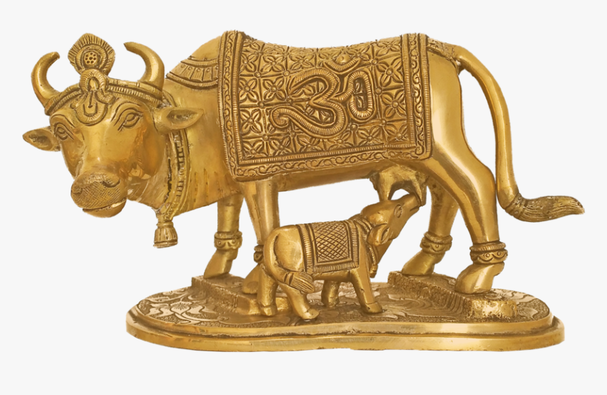 Handcurved Kamadhenu Cow Feeding Calf Brass Statue, - Statue, HD Png Download