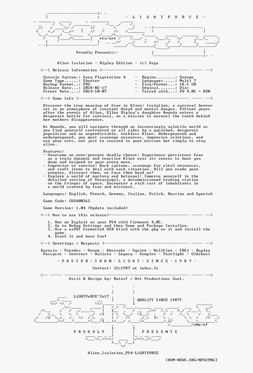 Alien Isolation Ps4-lightforce - Lettre Pour Ma Fille En Classe Verte, HD Png Download