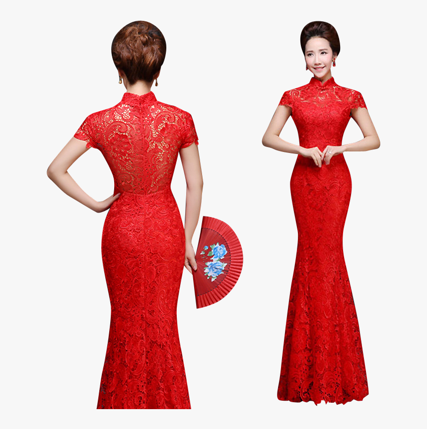 Bsjy-16278 Red Lace Mandarin Collar Mermaid Qipao Traditional - Red Lace Mandarin Dress, HD Png Download