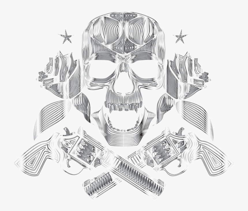 Flowers And Firearms Skull Line Art Polished Chrome - Illustration, HD Png Download