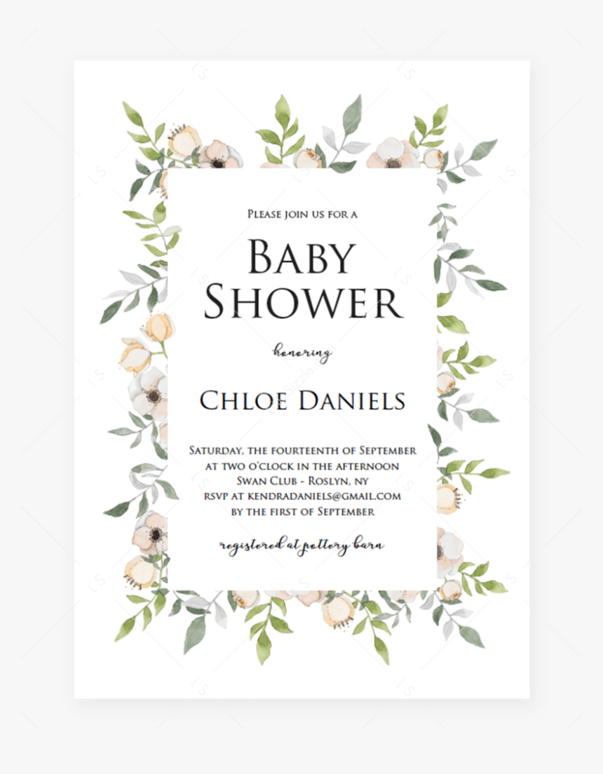 Blush Baby Shower Invitation Template With Floral Frame - Greenery Wreath Invitation Png, Transparent Png