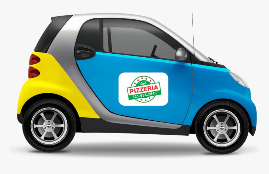 Small Car With Magnetic Sign On The Door With Pizza - Car Door Magnet Signs, HD Png Download