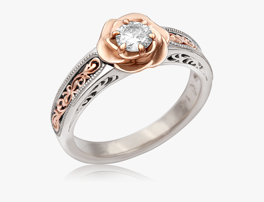 Vintage Scrollwork Rose Engagement Ring With Diamond - 14k Gold Engagement Ring With Scrollwork, HD Png Download
