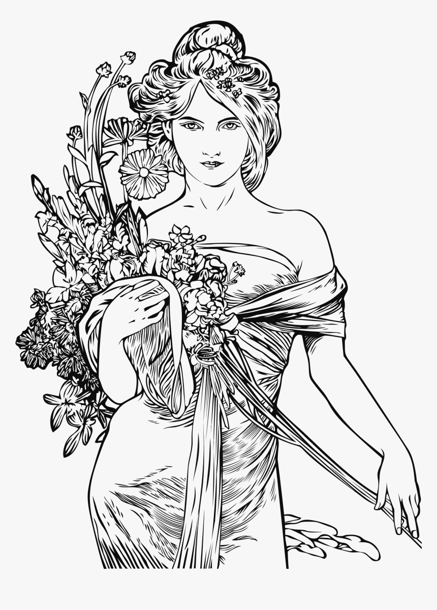 Elegant Vintage Woman Line Art By Heblo - Alphonse Mucha Art Nouveau Design, HD Png Download