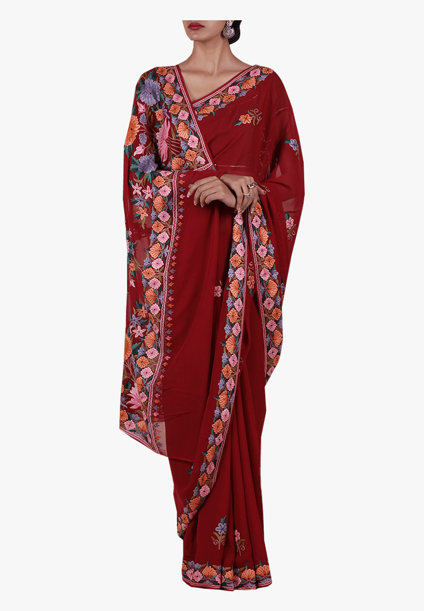 Deep Red Suzani Embroidered Tabi Silk Saree - Silk, HD Png Download