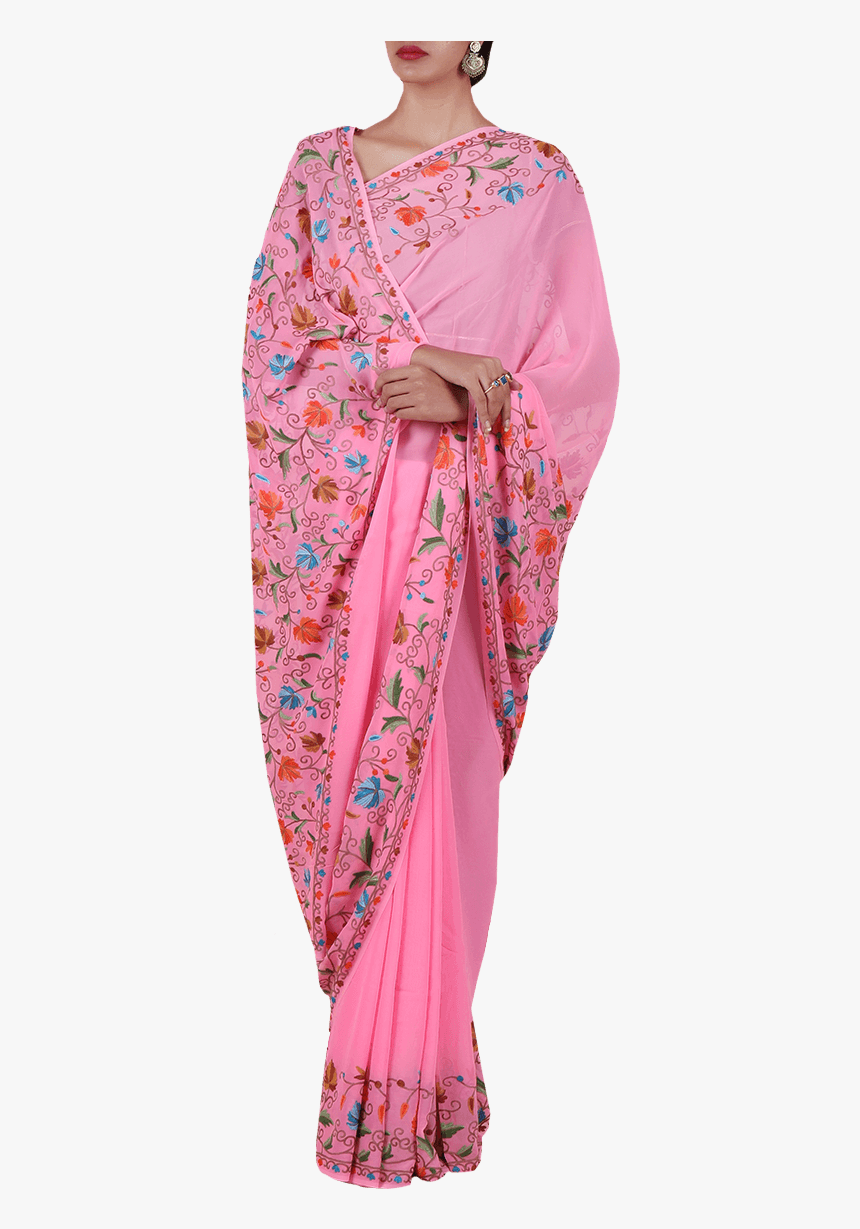 Pink Suzani Embroidered Tabi Silk Saree - Silk, HD Png Download