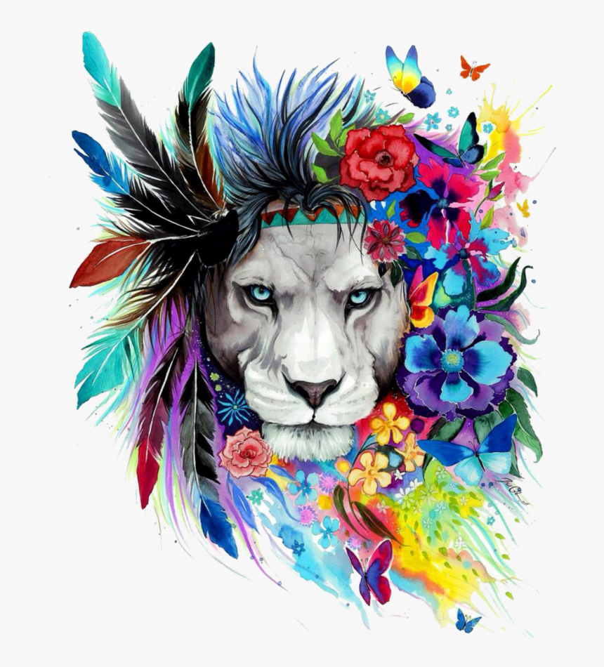 Transparent Lions Head Clipart - Watercolor Lion With Flowers, HD Png Download