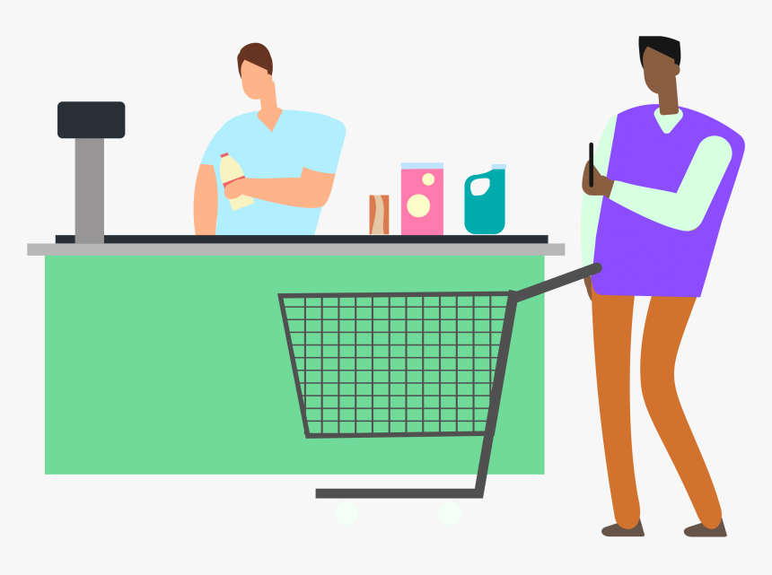 Man Looking At Budget App On Phone At Grocery Store - Illustration, HD Png Download
