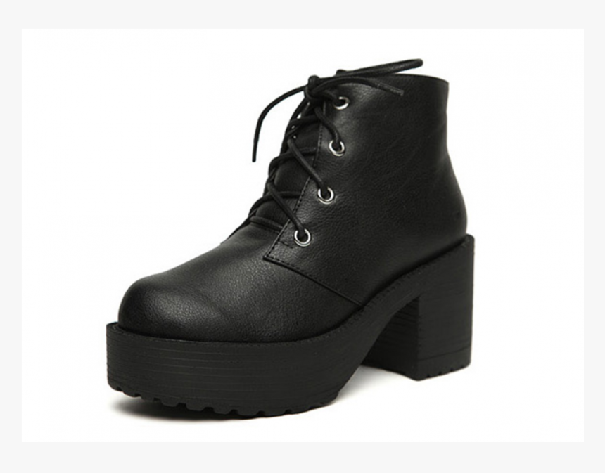 Black Leather Platform Lace-up Heel Boots - Motorcycle Boot, HD Png Download