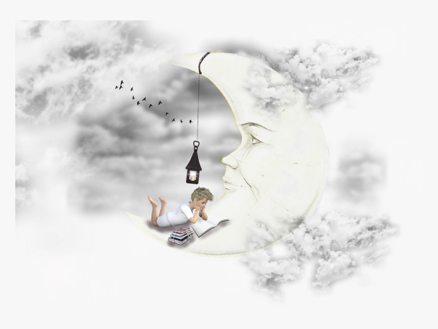 Moon, Clouds, Dream, Lantern, Sky, Boy, Child, Books - Moon Dream Png, Transparent Png