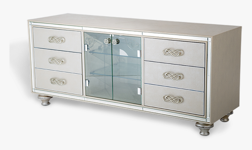 6 Drawers 2 Glass Doors Crystal Accents Champagne Console - Cabinetry, HD Png Download