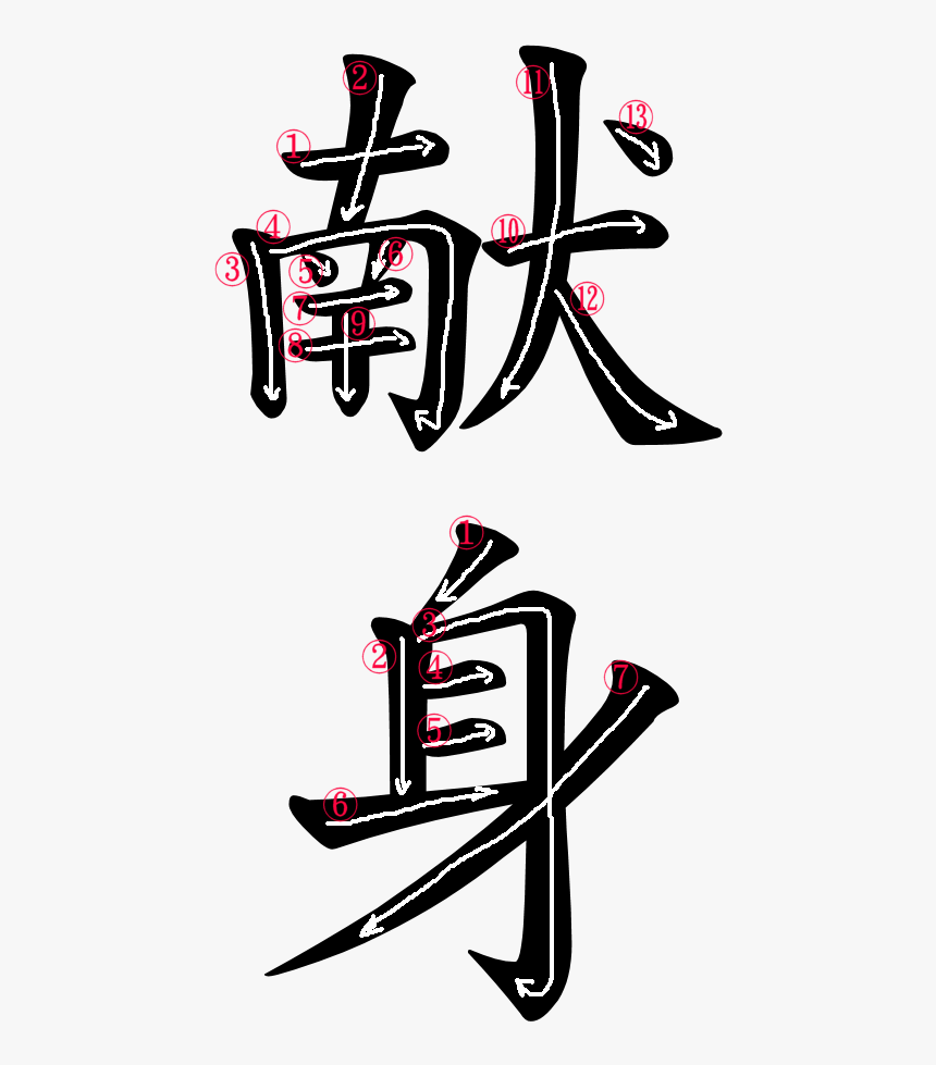 Kanji Stroke Order For 献身, HD Png Download