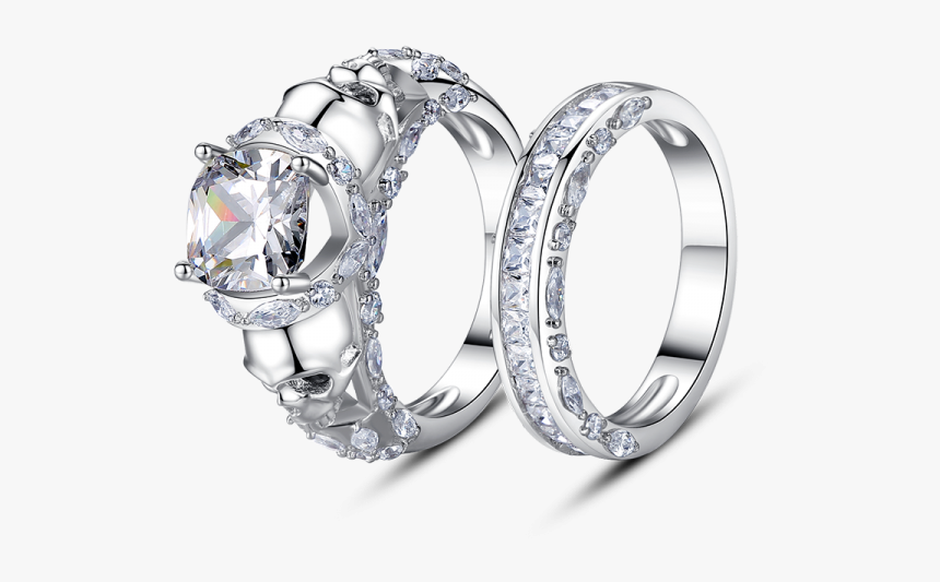 Princess Cut Created White Sapphire Skull Ring Set - Engagement Ring, HD Png Download