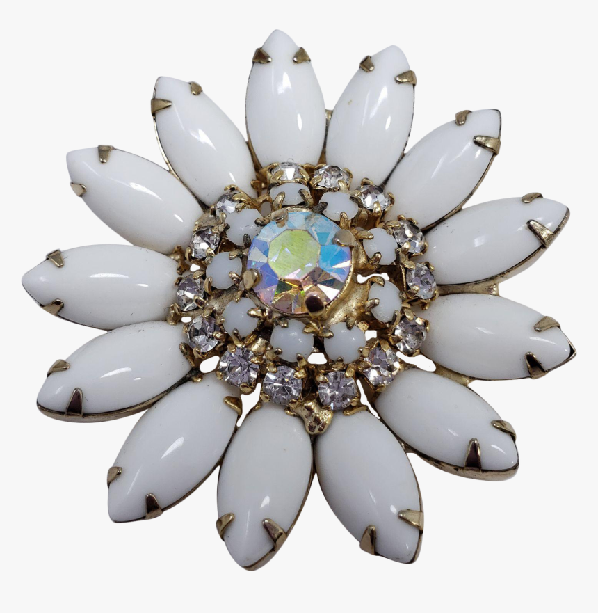 Vintage Unsigned White Milk Glass Rhinestone Flower - Crystal, HD Png Download