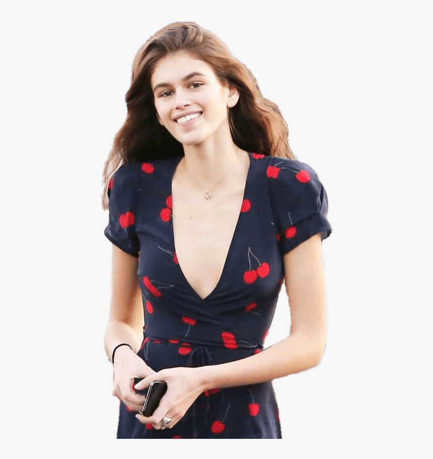 Kaia Gerber Cherry Dress - Navy Blue Cherry V Neck Dress, HD Png Download