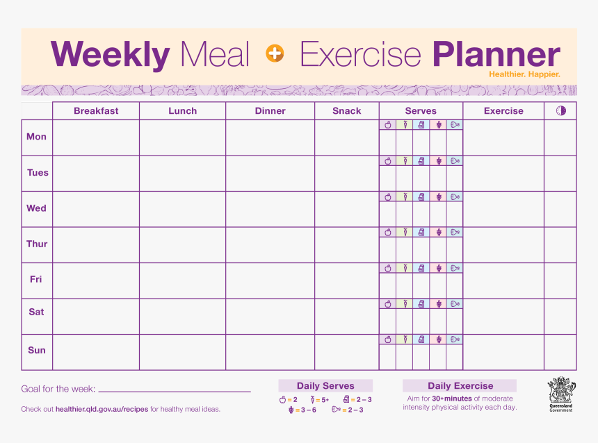 Clip Art Weekly Exercise Templates At - Weekly Food And Exercise Planner Template, HD Png Download