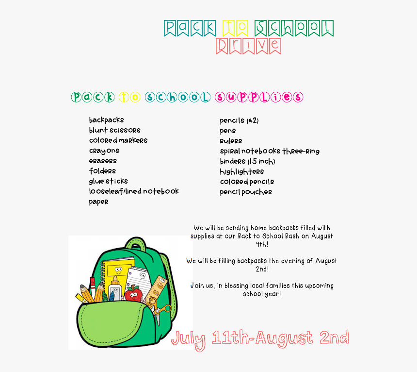 Pack To School-school Supplies Drive , Png Download - Cartoon Clipart School Bag, Transparent Png