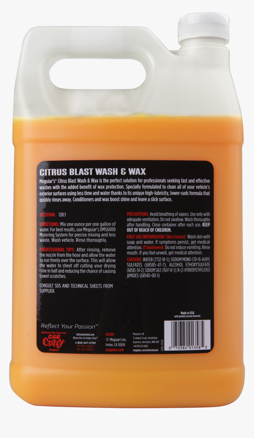 Meguiar S® Citrus Blast Wash & Wax, D11301, 1 Gallon - Bottle, HD Png Download