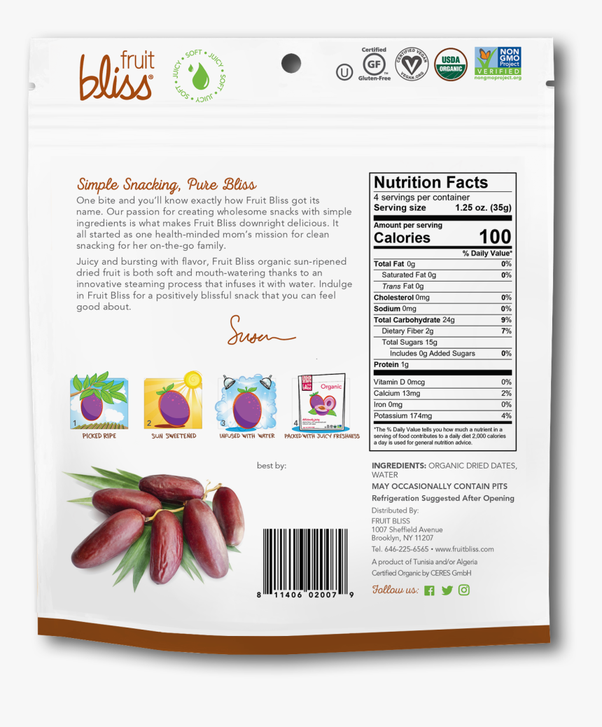 Fruit Bliss Organic Snacks Dates - Back Package Dried Fruit, HD Png Download
