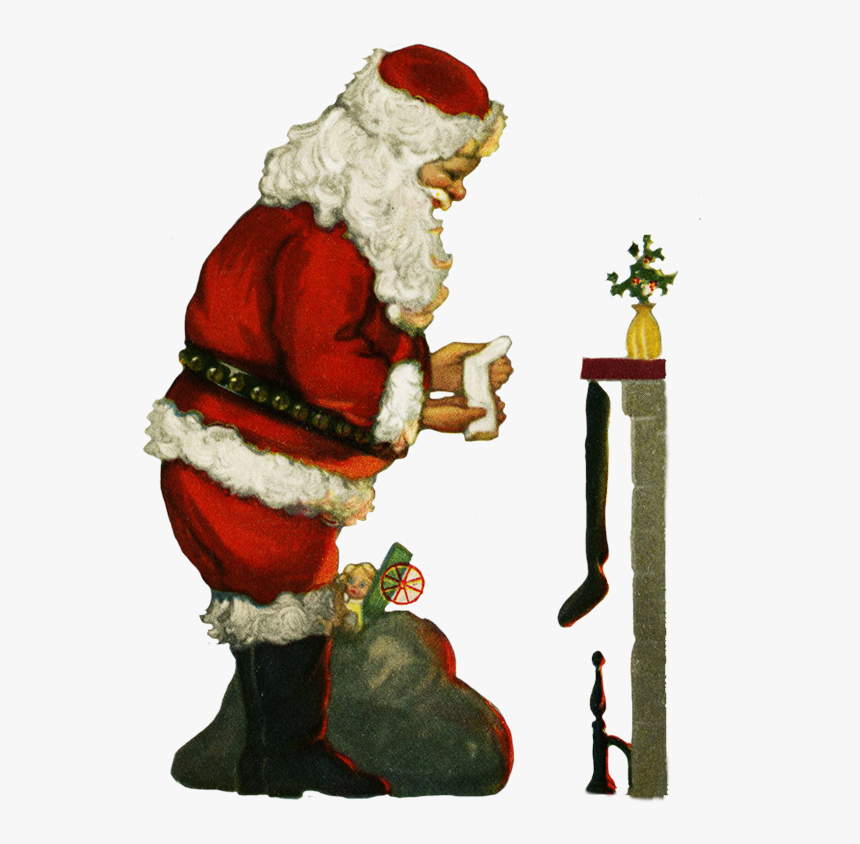 Santa With Socsk At The Fireplace At Christmas - Santa Claus, HD Png Download