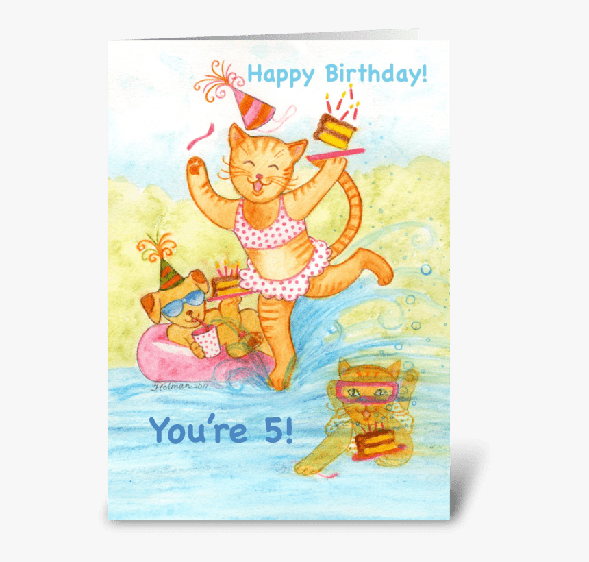 Cat In Pool Five Year Old Birthday Greeting Card - Cartoon, HD Png Download