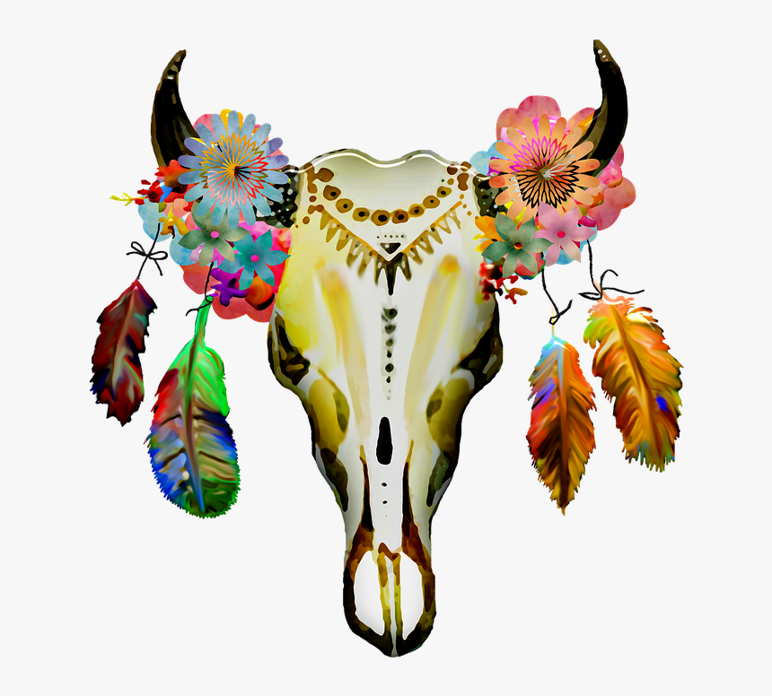 Boho Watercolor, Tribal, Skull, Feathers, Spiritual - Illustration, HD Png Download