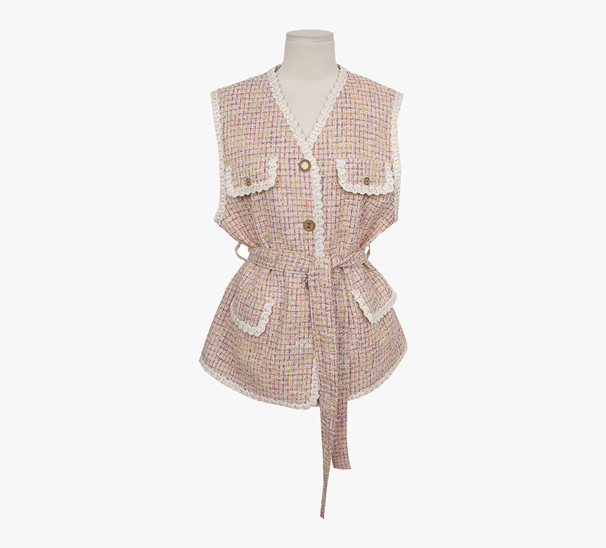 Self Tie Waist Lace Trim Tweed Vest By Stylenanda, HD Png Download