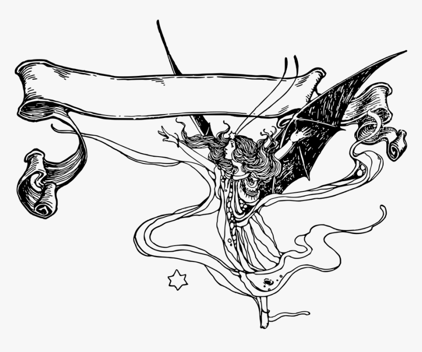Fairy, Woman, Line Art, Vintage, Wings, Scroll, Banner - Illustration, HD Png Download